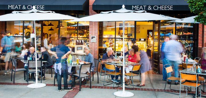 Patio of Meat & Cheese Restaurant in Aspen Colorado, in summer.